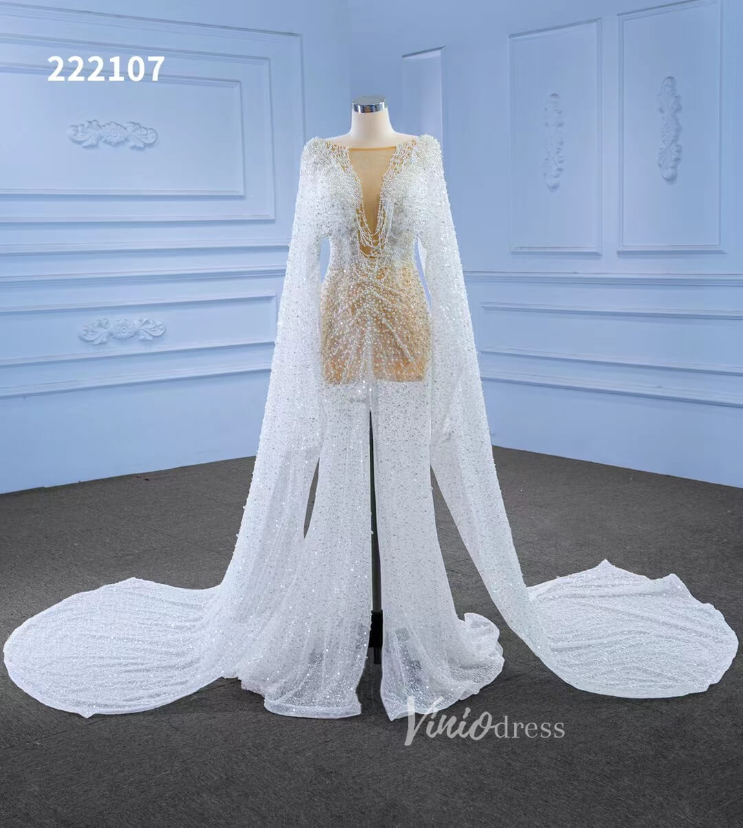 Sheer Modern Pearl Wedding Dresses with Extra Long Cape Sleeves 222107-wedding dresses-Viniodress-Viniodress