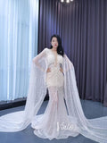 Sheer Modern Pearl Wedding Dresses with Extra Long Cape Sleeves 222107