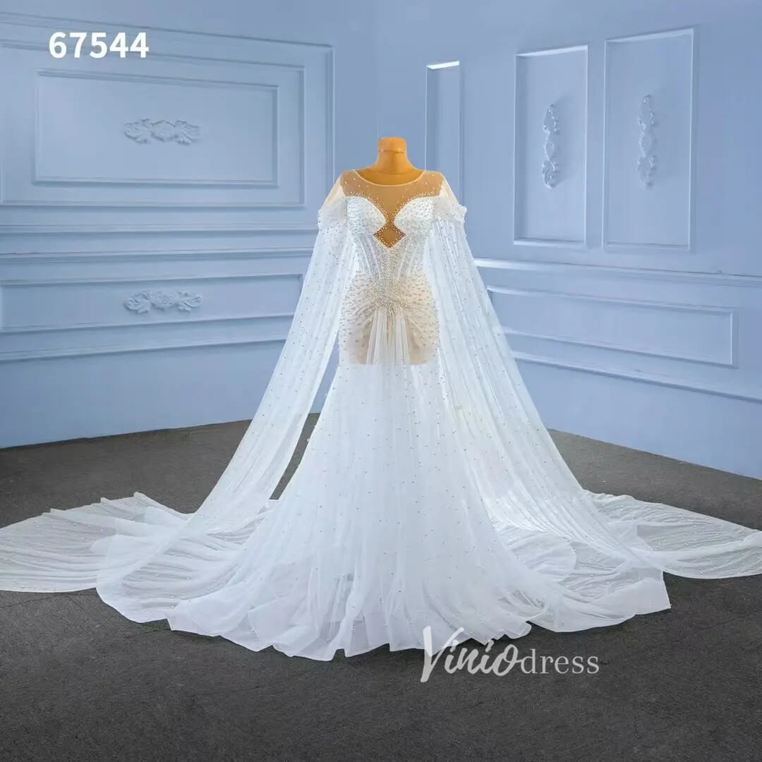 Sheer Pearl Wedding Dresses Cape Sleeves 67544-wedding dresses-Viniodress-Viniodress