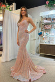 Shimmering Mermaid Sequin Prom Dress with Plunging Spaghetti Strap and Corset Back FD3492