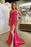 Shimmering Mermaid Sequin Prom Dress with Plunging Spaghetti Strap and High Slit FD3491-prom dresses-Viniodress-Viniodress