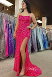 Shimmering Mermaid Sequin Prom Dress with Plunging Spaghetti Strap and High Slit FD3491