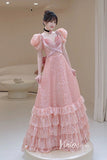 Shimmering Pink Prom Dresses Puff Sleeve Beaded Ruffle Ball Gowns FD1504