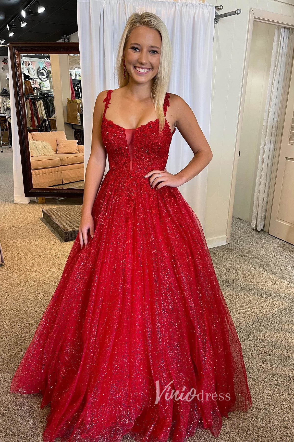 Shimmering Red Prom Dress with Lace Applique and Spaghetti Strap FD3478-prom dresses-Viniodress-Red-Custom Size-Viniodress