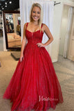 Shimmering Red Prom Dress with Lace Applique and Spaghetti Strap FD3478
