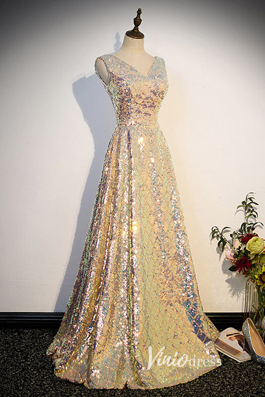 Shimmering Sequin Prom Dresses with V-Neck FD3513-prom dresses-Viniodress-Viniodress