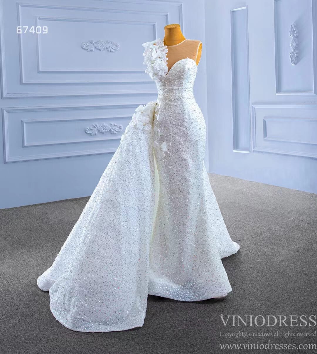 Shiny Beaded Mermaid Wedding Dress with Overskirt 67409-wedding dresses-Viniodress-Viniodress