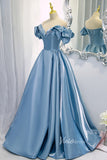 Shiny Dusty Blue Prom Dress Off the Shoulder Formal Dress FD2632-prom dresses-Viniodress-Viniodress