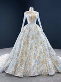 Shiny Floral Wedding Dress with Sleeves 67169 viniodress