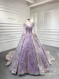 Shiny Floral Wedding Dress with Sleeves 67169 viniodress-wedding dresses-Viniodress-Lilac-Custom Size-Viniodress