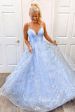 Shiny Light Blue Lace Long Prom Dresses FD1450-prom dresses-Viniodress-Viniodress