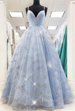 Shiny Light Blue Lace Long Prom Dresses FD1450