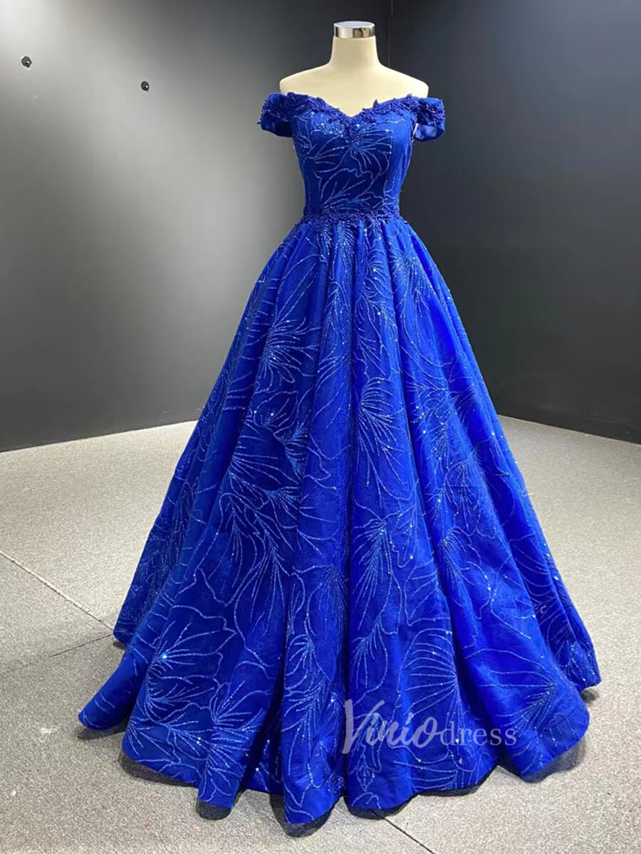 Shiny Royal Blue Prom Dress Off the Shoulder Formal Gown 66530-prom dresses-Viniodress-Viniodress