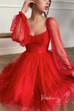 Shiny Star Party Dress Red Homecoming Dresses with Long Sleeve FD1639-homecoming dresses-Viniodress-Viniodress