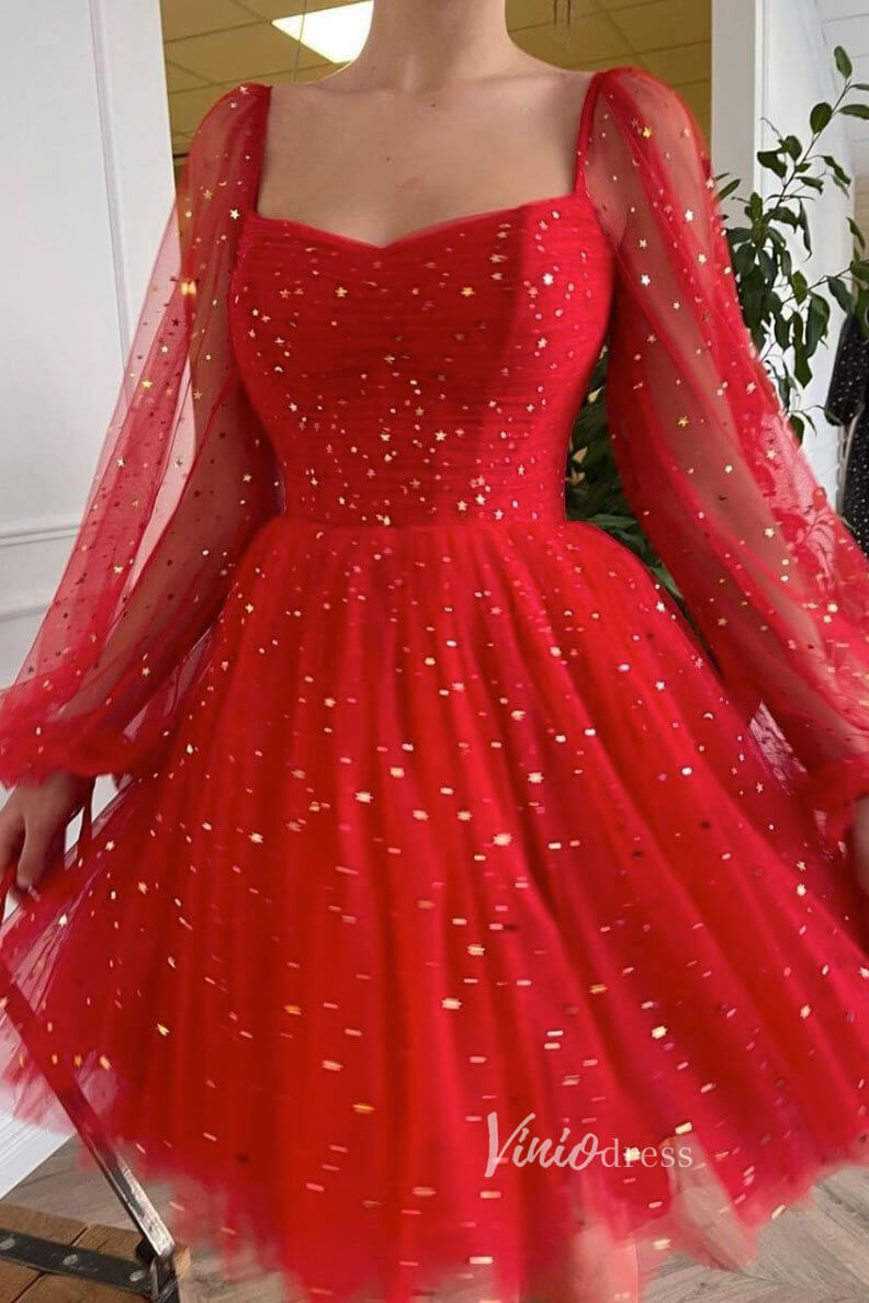 Shiny Star Party Dress Red Homecoming Dresses with Long Sleeve FD1639-homecoming dresses-Viniodress-Red-Custom Size-Viniodress