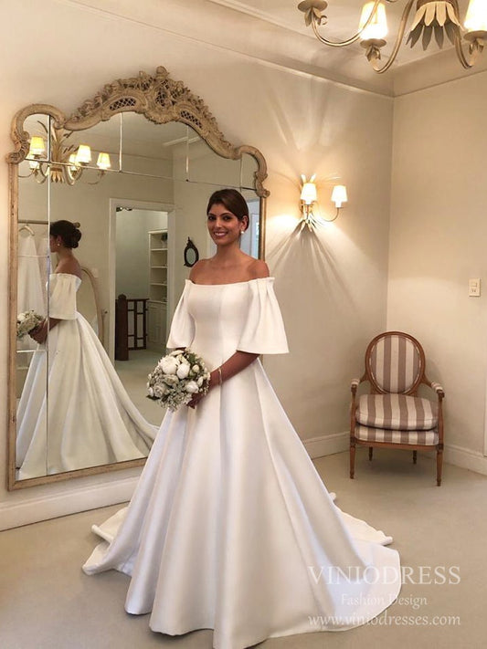 Short Bell Sleeve Satin Wedding Dresses with Pockets VW1840-wedding dresses 2025 -Viniodress-Ivory-Custom Size-