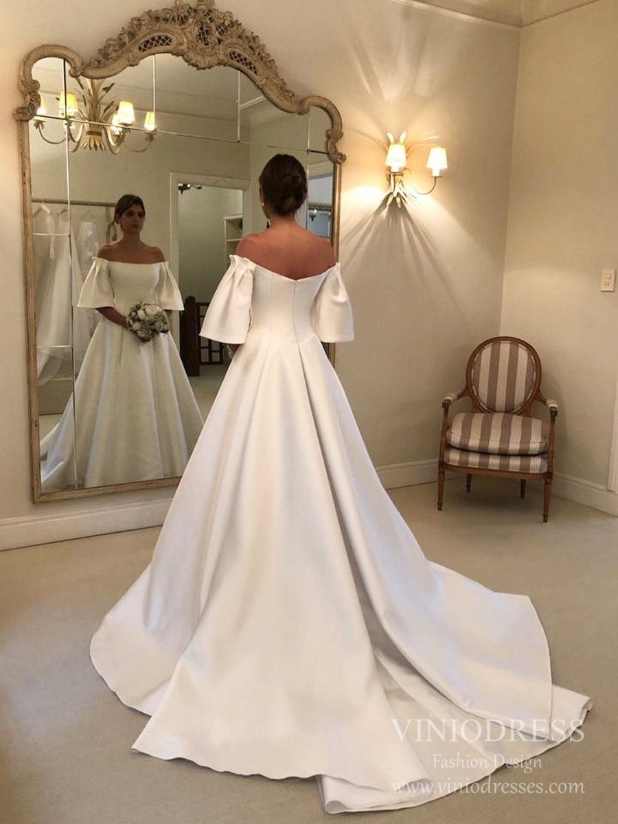 Short Bell Sleeve Satin Wedding Dresses with Pockets VW1840-wedding dresses-Viniodress-Viniodress