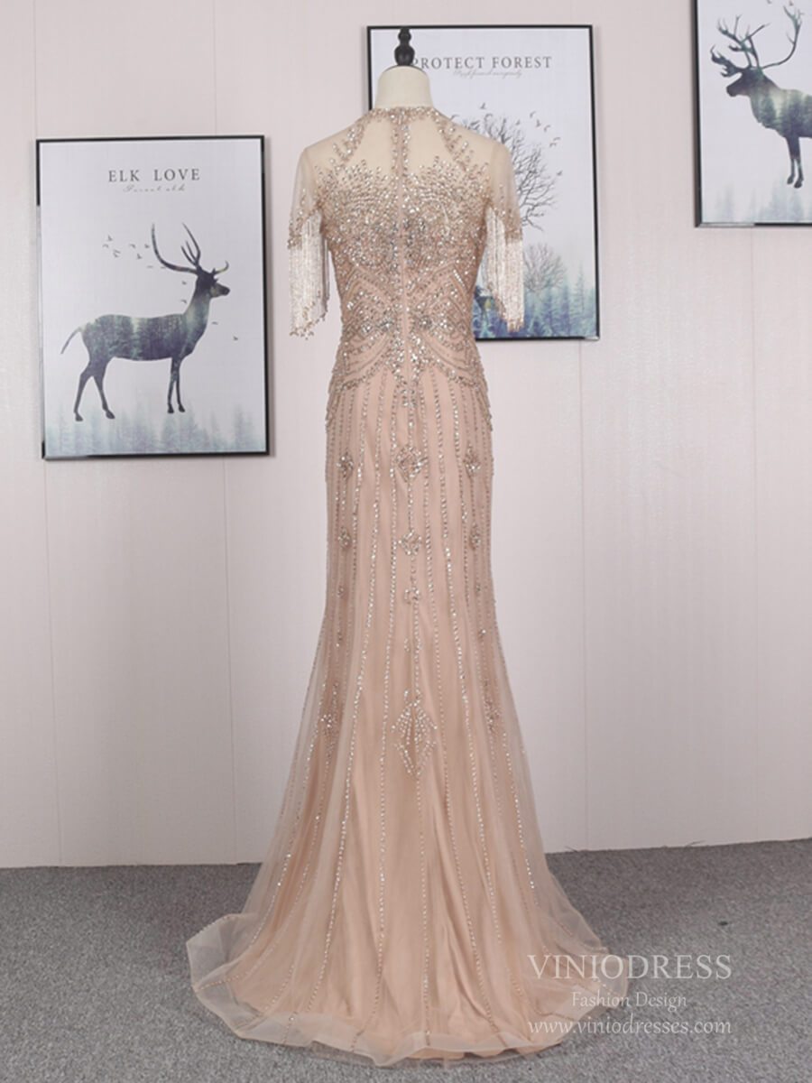 Short Sleeve Beaded Prom Dresses Vintage Long Evening Dress FD2480-prom dresses-Viniodress-Viniodress