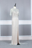 Short Sleeve Evening Dresses Sheath Beaded Prom Dress with Slit FD2776-prom dresses-Viniodress-Silver-US 2-Viniodress