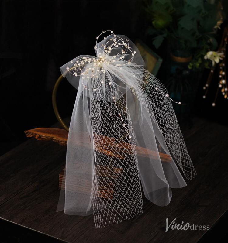 Short Tulle Pearl Bow Veil for Bride Viniodress AC1312-Bridal Veil 2025 -Viniodress-Ivory-