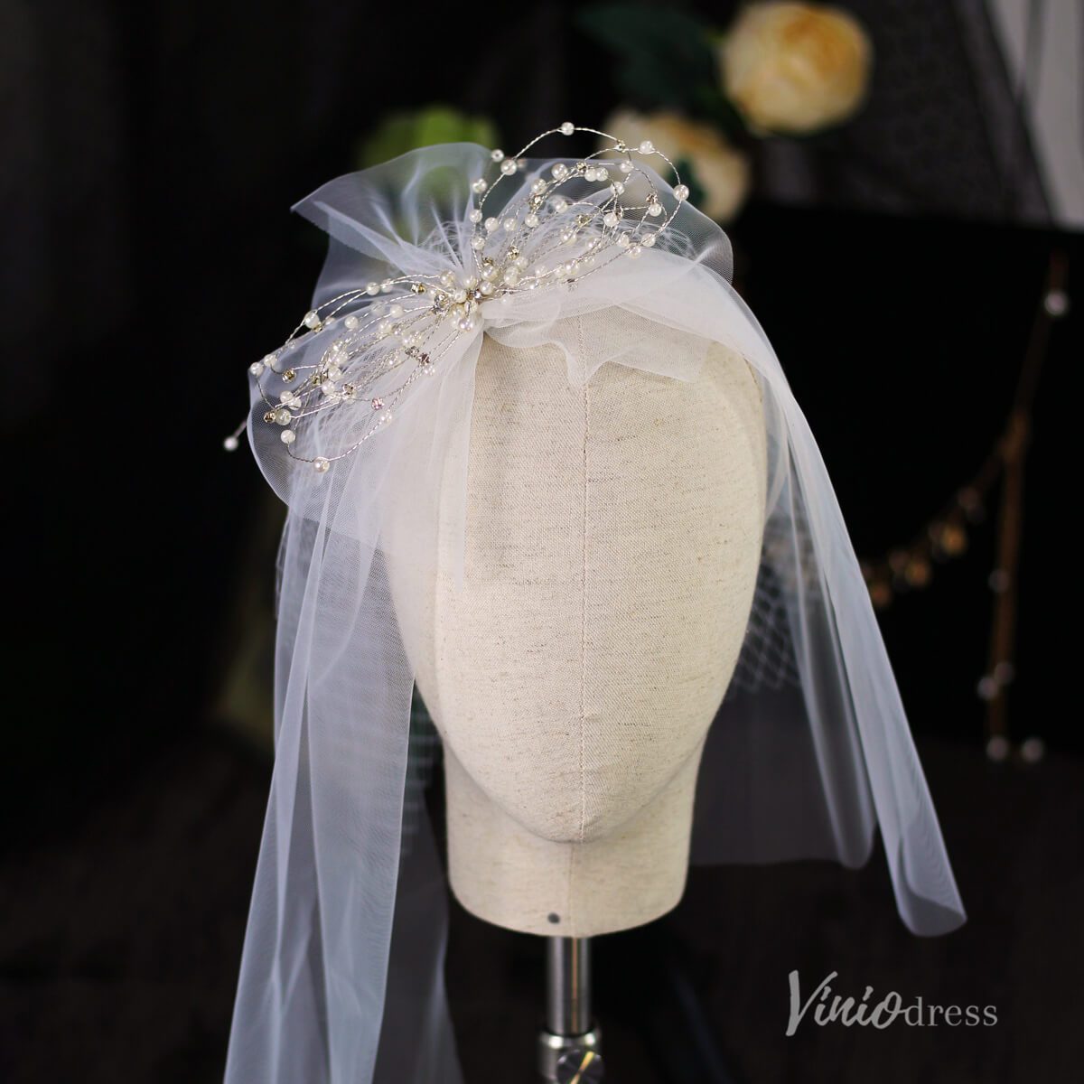 Short Tulle Pearl Bow Veil for Bride Viniodress AC1312-Bridal Veil 2025 -Viniodress-Ivory-