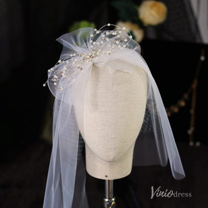 Short Tulle Pearl Bow Veil for Bride Viniodress AC1312-Bridal Veil 2025 -Viniodress-Ivory-