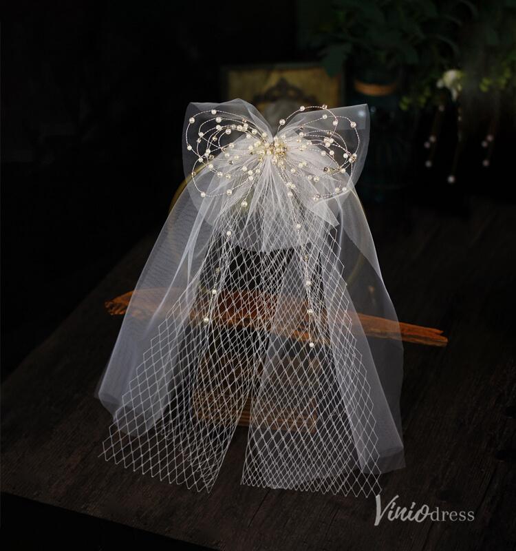 Short Tulle Pearl Bow Veil for Bride Viniodress AC1312-Bridal Veil 2025 -Viniodress-Ivory-