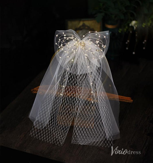 Short Tulle Pearl Bow Veil for Bride Viniodress AC1312-Bridal Veil 2025 -Viniodress-Ivory-
