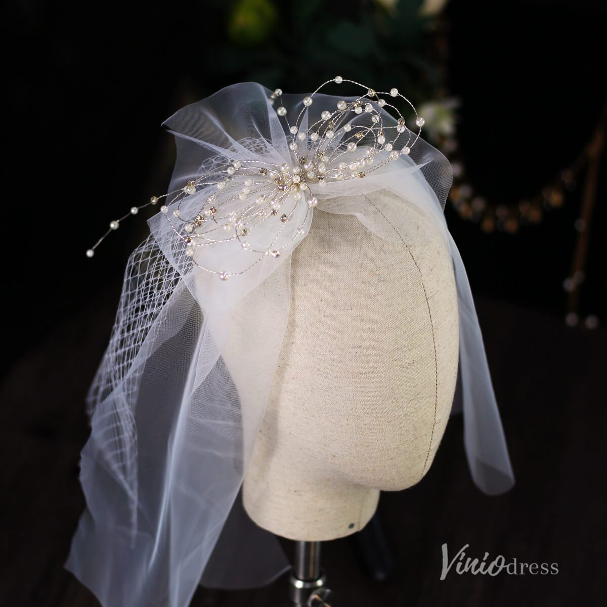 Short Tulle Pearl Bow Veil for Bride Viniodress AC1312-Veils-Viniodress-Ivory-Viniodress