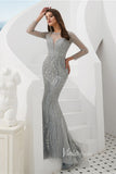 Silver Beaded Long Sleeve Evening Dresses Mermaid Boat Neck Pageant Dress FD3013-prom dresses-Viniodress-Viniodress