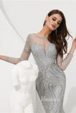 Silver Beaded Long Sleeve Evening Dresses Mermaid Boat Neck Pageant Dress FD3013-prom dresses-Viniodress-Viniodress