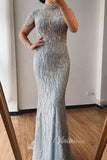 Silver Beaded Mermaid Evening Dresses High Neck Cap Sleeve Pageant Dress FD3012-prom dresses-Viniodress-Viniodress