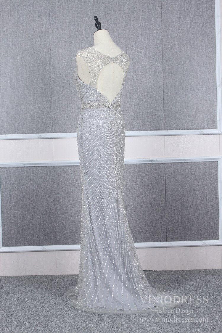 Silver Beaded Prom Dresses Gray Sheath 20s Evening Dress FD2467-prom dresses-Viniodress-Viniodress