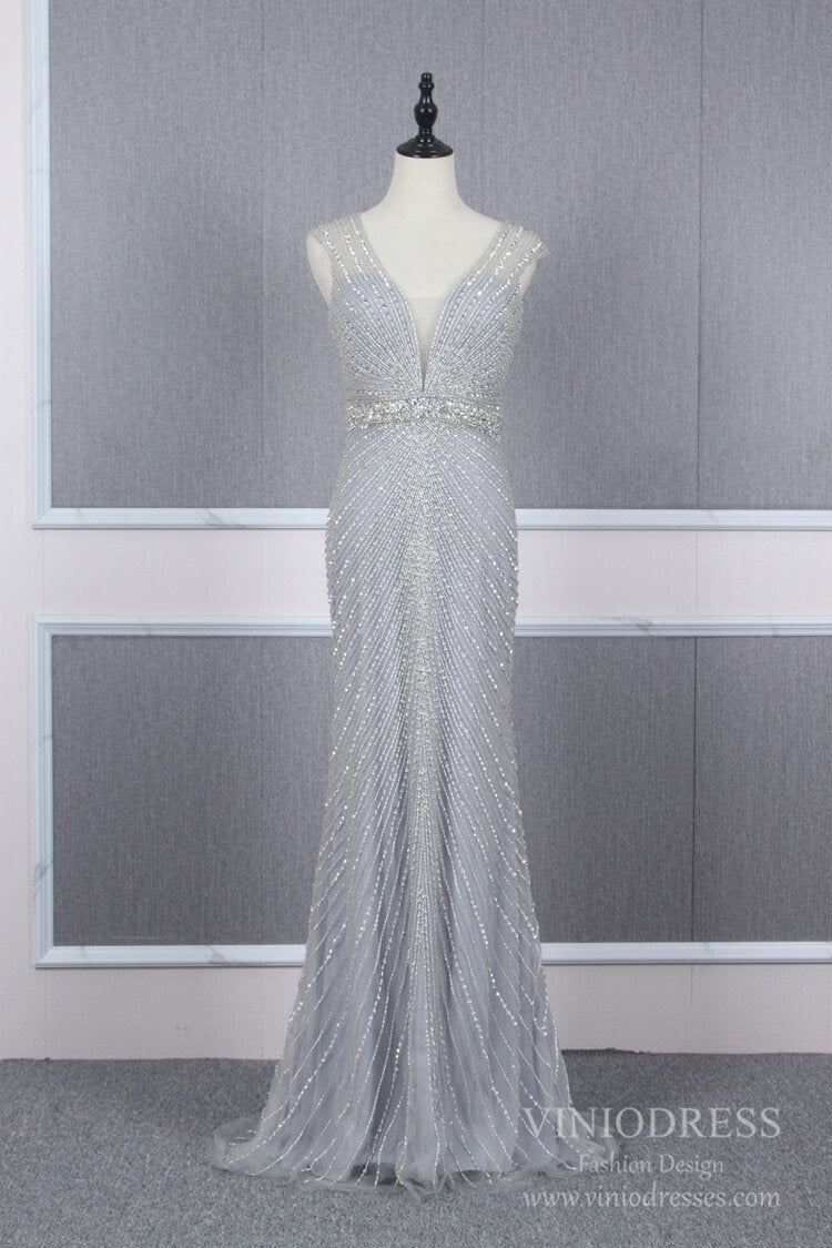 Silver Beaded Prom Dresses Gray Sheath 20s Evening Dress FD2467-prom dresses-Viniodress-Viniodress