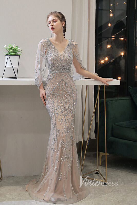 Silver Beaded Prom Dresses Sheath 20s Evening Dress FD2610-Prom Dresses-VINIODRESS-Silver-US2-Viniodress