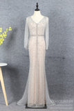 Silver Beaded Prom Dresses V-neck Long Sleeve Evening Dress FD2611