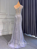 Silver Beaded Prom Dressses One Shoulder Sheath Evening Dress 20008-prom dresses-Viniodress-Viniodress