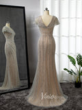 Silver Beaded Prom Dressses V-neck Cap Sleeve Sheath Evening Dress 20001-prom dresses-Viniodress-Viniodress