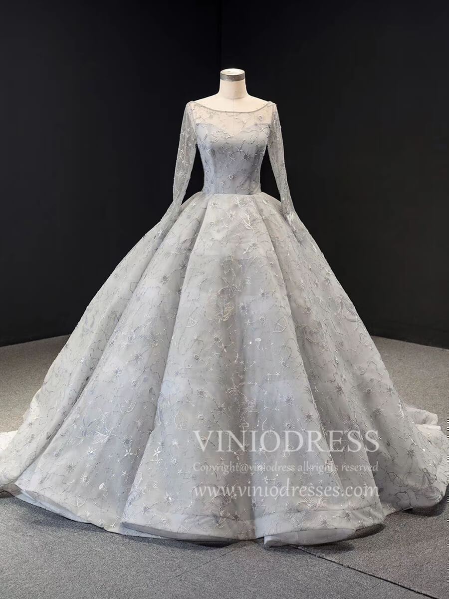 Silver Emboridered Long Sleeve Sweet 16 Dresses Ball Gown Quince Dress FD1742 viniodress-prom dresses-Viniodress-Silver-Custom Size-Viniodress