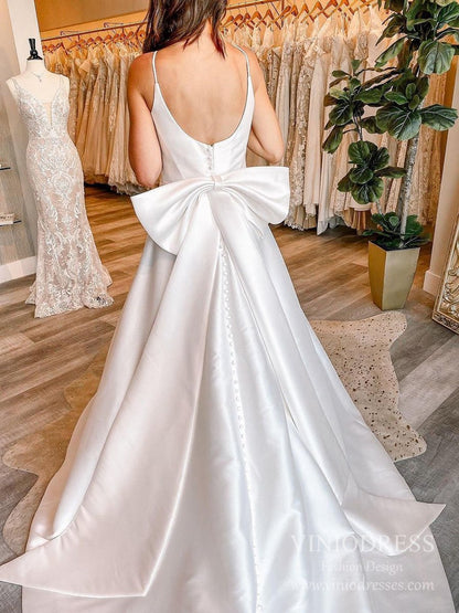 Simple A-Line Satin Wedding Dress with Back Bow, Spaghetti Straps, Pockets & Court Train VW1825-wedding dresses 2025 -Viniodress-Ivory-Custom Size-