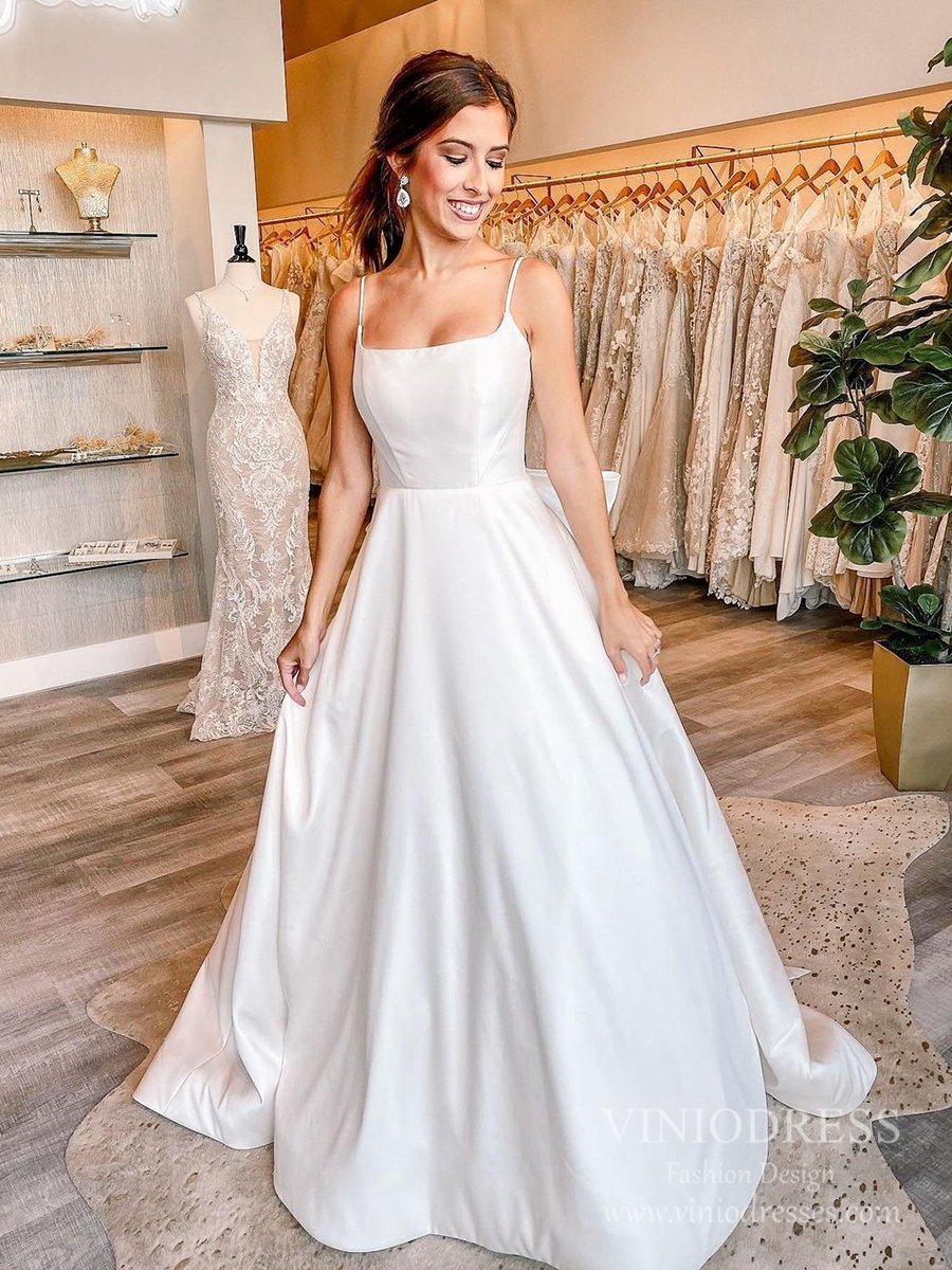Simple A-Line Satin Wedding Dress with Back Bow, Spaghetti Straps, Pockets & Court Train VW1825-wedding dresses 2025 -Viniodress-Ivory-Custom Size-