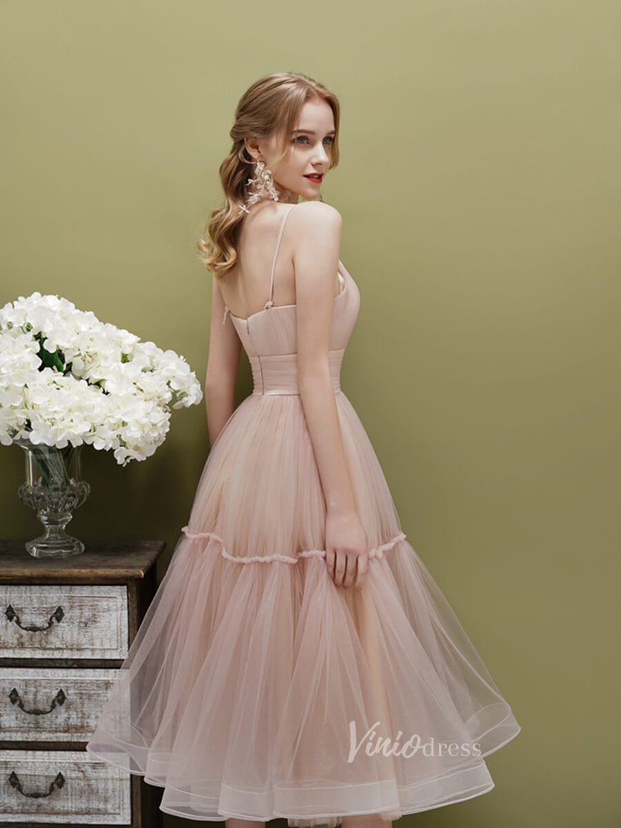 Simple A-line Tea Length Tulle Prom Dress Spaghetti Strap FD1816 - Nude /  Custom Size