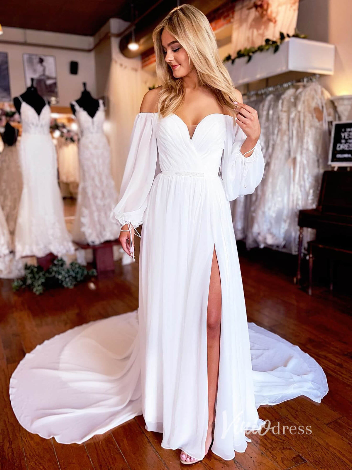 Simple Chiffon Wedding Dresses Puff Long Sleeve Bridal Dress VW2090-wedding dresses-Viniodress-Ivory-Custom Size-Viniodress