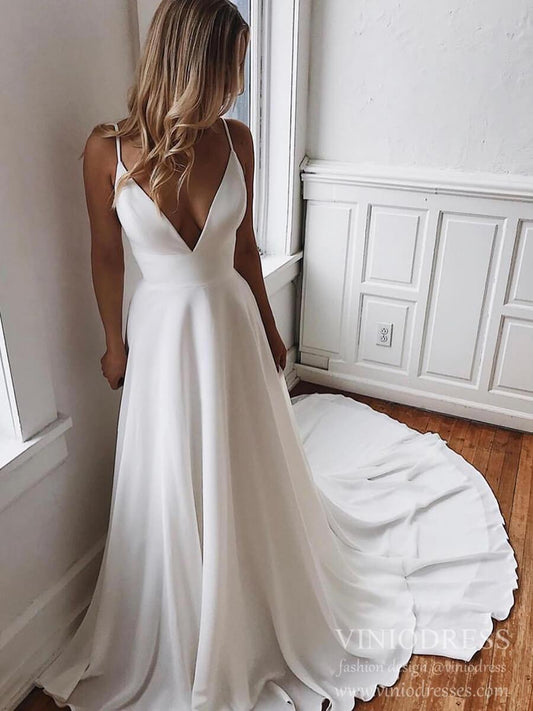 Simple Chiffon Wedding Dresses with Lace Back Satin Bridal Gown VW1547-wedding dresses 2025 -Viniodress-Ivory-Custom Size-