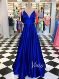 Simple Dark Red Satin Long Prom Dresses with Pockets Spaghetti Strap FD1514-prom dresses-Viniodress-Royal Blue-Custom Size-Viniodress