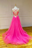 Simple Hot Pink Tulle Prom Dresses Spaghetti Strap FD2544-prom dresses-Viniodress-Viniodress