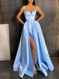 Simple Light Blue Satin Long Prom Dresses with Pockets FD1551E