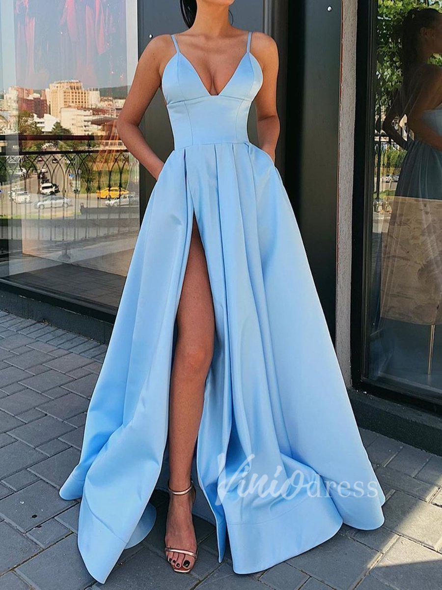 Simple Light Blue Spaghetti Strap Prom Dresses with Pockets FD1551 –  Viniodress