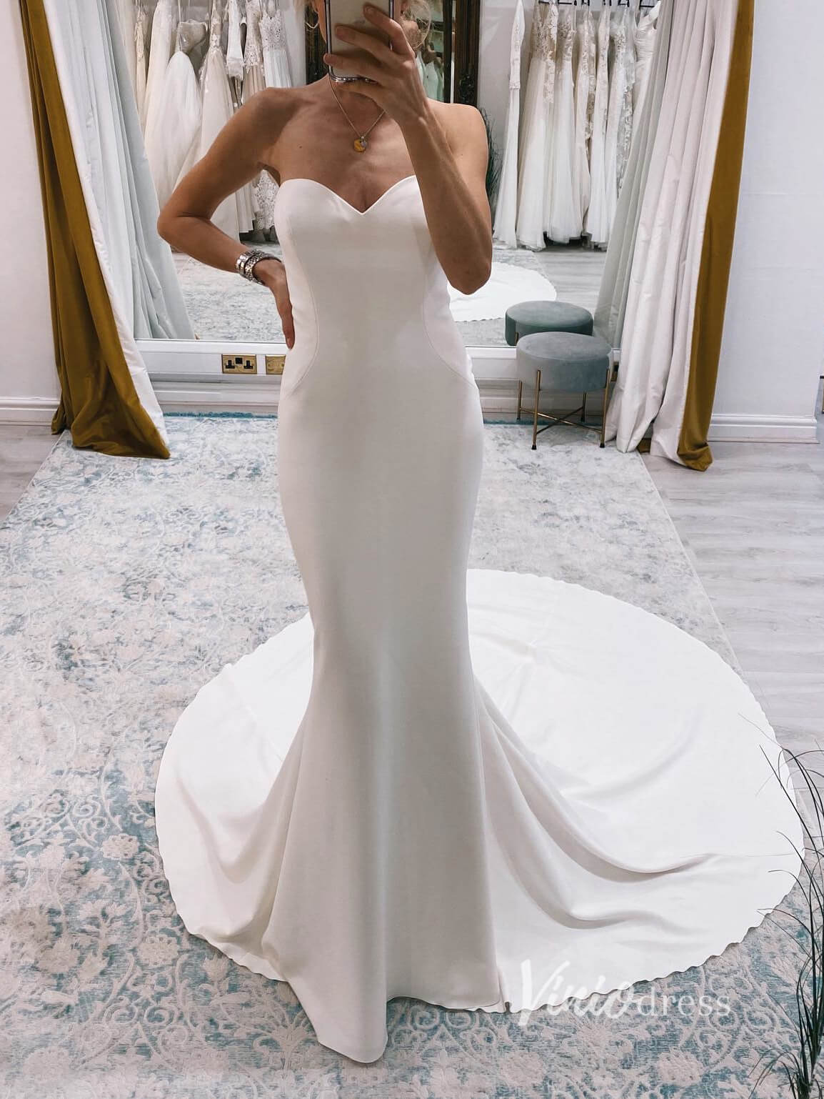 Simple Mermaid Satin Wedding Dresses Strapless Minimalist Dress VW2139-wedding dresses 2025 -Viniodress-Ivory-Custom Size-