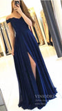 Simple Off the Shoulder Navy Blue Bridesmaid Dresses with Slit VB1703